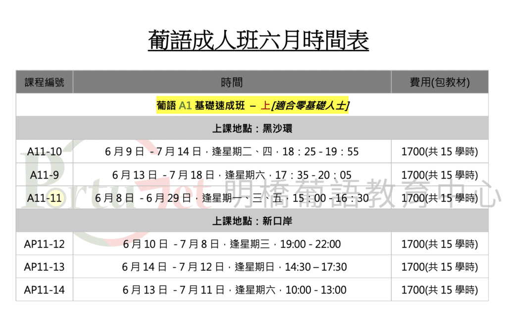 20200601 - 葡文課程 - 最新時間表 - PortuGet 明橋葡語 - 澳門葡文課程 - 教青局持續進修機構 - 持續進修基金