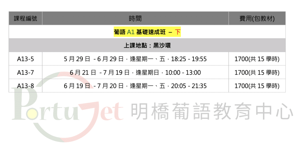 20200602 - 葡文課程 - 最新時間表 - PortuGet 明橋葡語 - 澳門葡文課程 - 教青局持續進修機構 - 持續進修基金